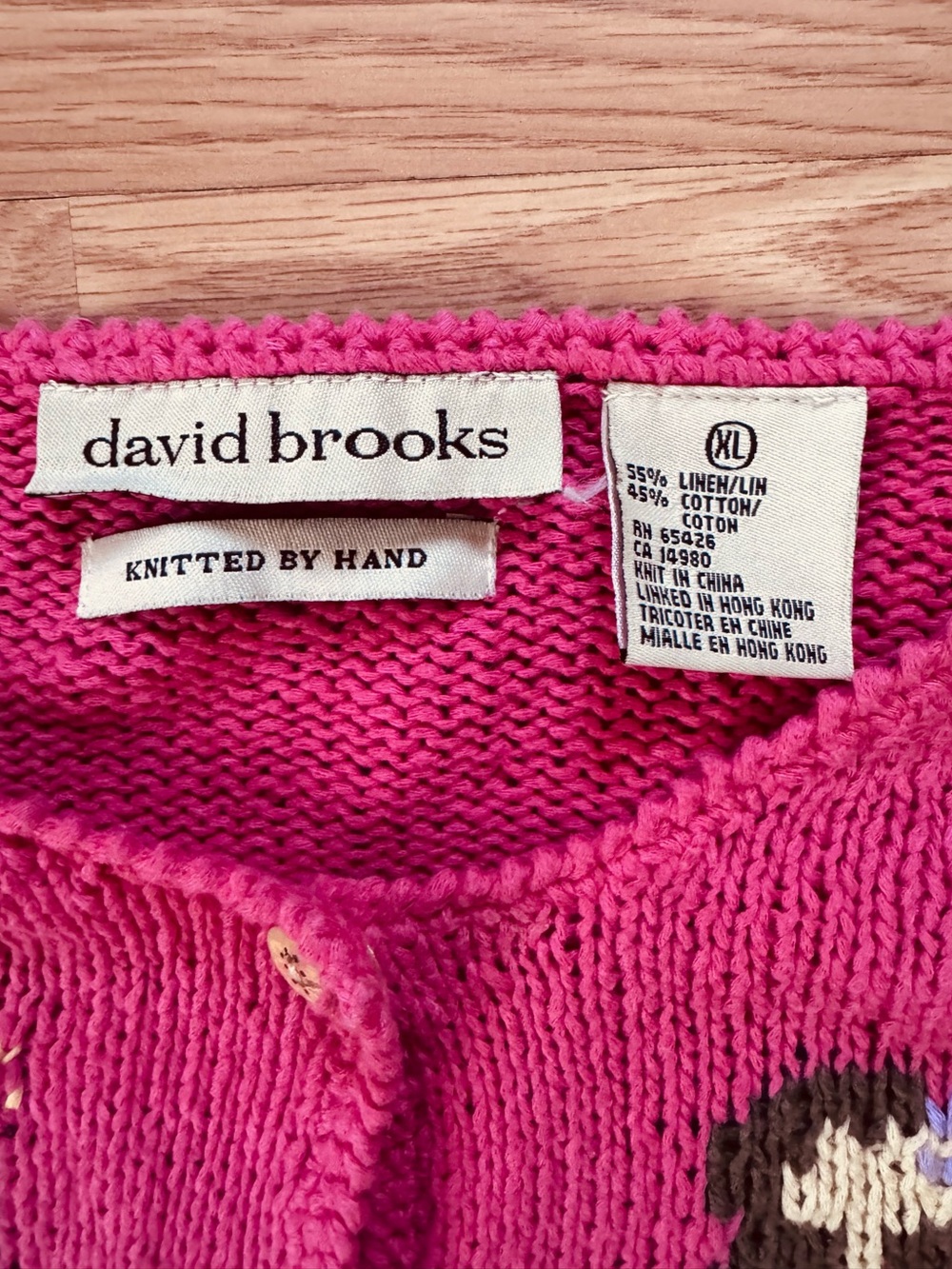 Vintage 90s Cotton Linen David Brooks Hula Dancer Girl Cardigan Sweater Pink XL - Picture 3 of 7
